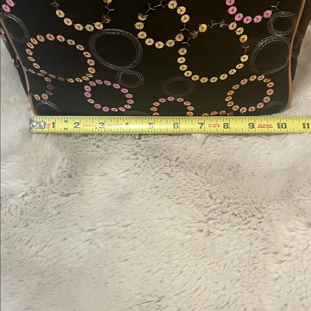MZ Wallace Brown Neutral Embroidered Sequin Circles Leather Handles Canvas Tote